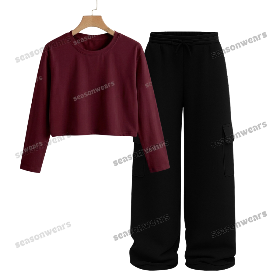 Crop Full Sleeves Tee With Black Wide Leg Cargo