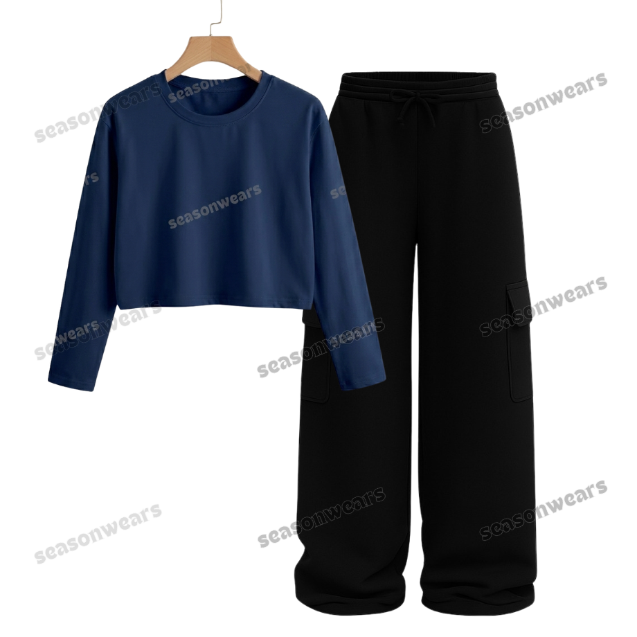 Crop Full Sleeves Tee With Black Wide Leg Cargo
