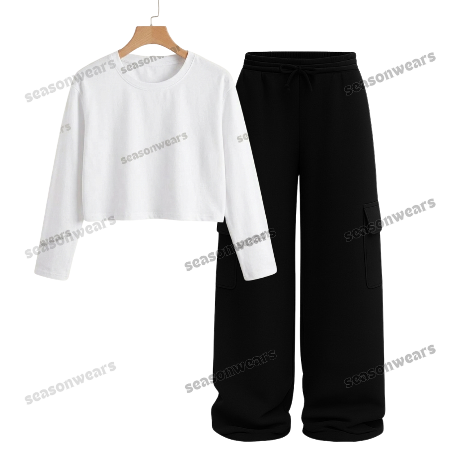 Crop Full Sleeves Tee With Black Wide Leg Cargo