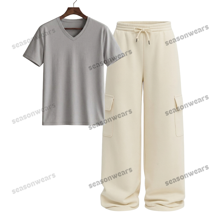 V-Neck Tee With Cream Wide Leg Cargo