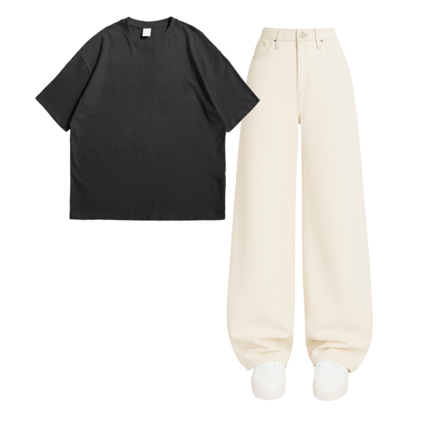 Oversized Drop Shoulder Tee With Beige Wide Leg Jeans