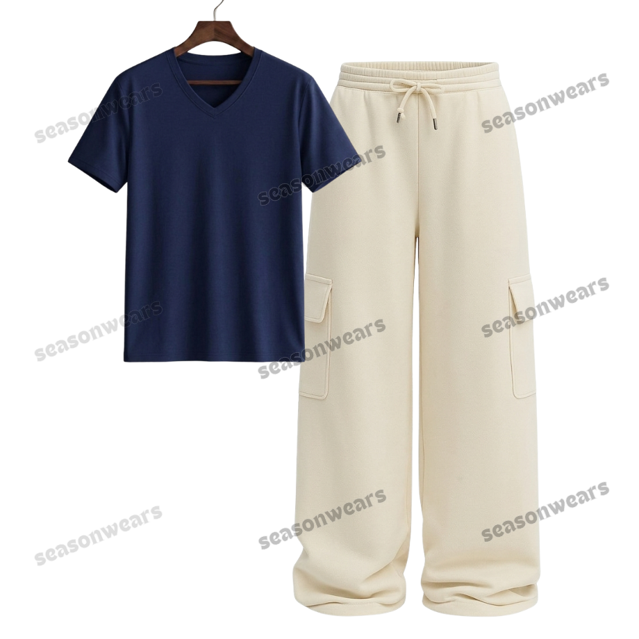 V-Neck Tee With Cream Wide Leg Cargo