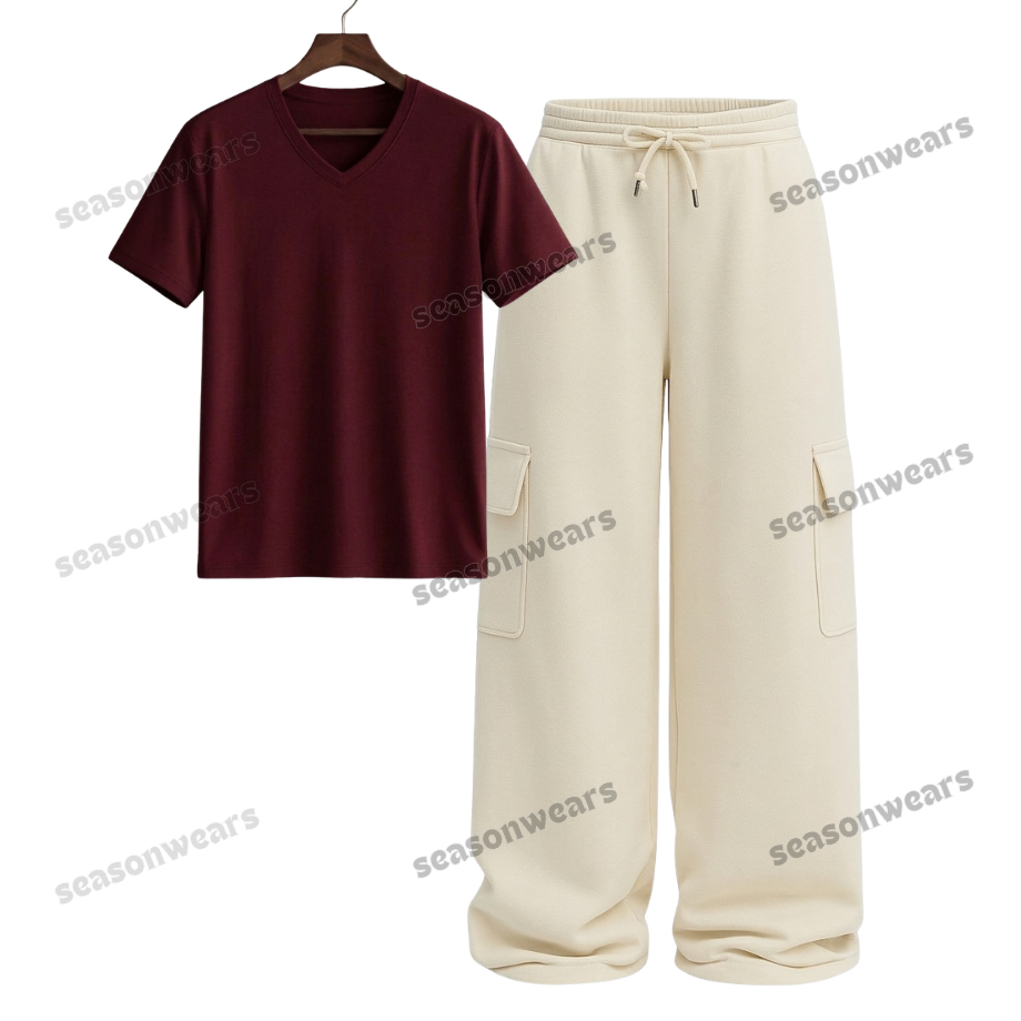 V-Neck Tee With Cream Wide Leg Cargo