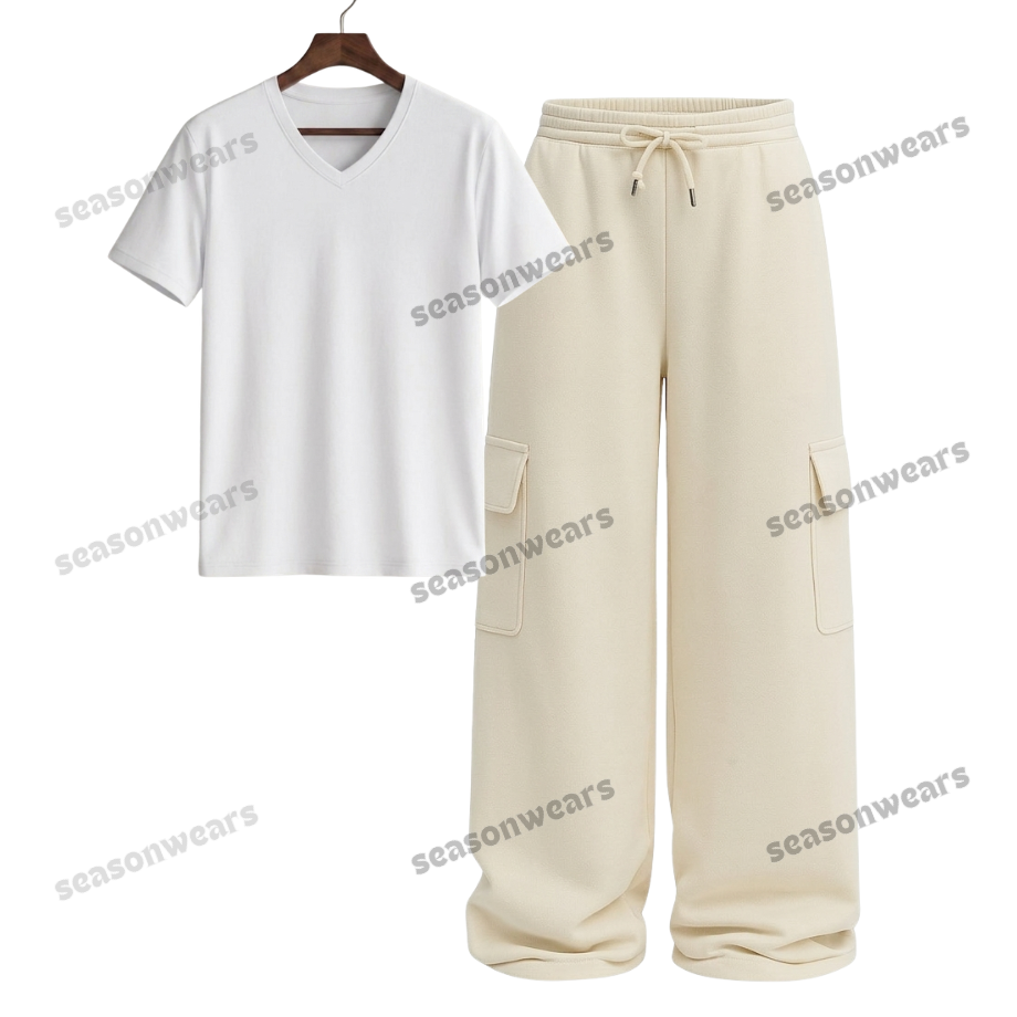 V-Neck Tee With Cream Wide Leg Cargo