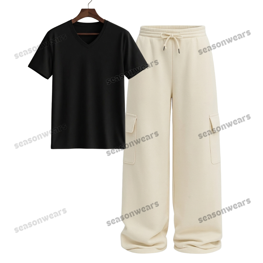 V-Neck Tee With Cream Wide Leg Cargo