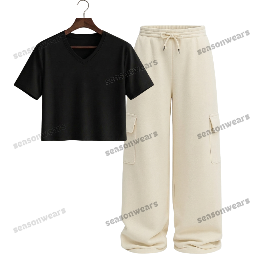 Crop V-Neck Tee With Cream Wide Leg Cargo