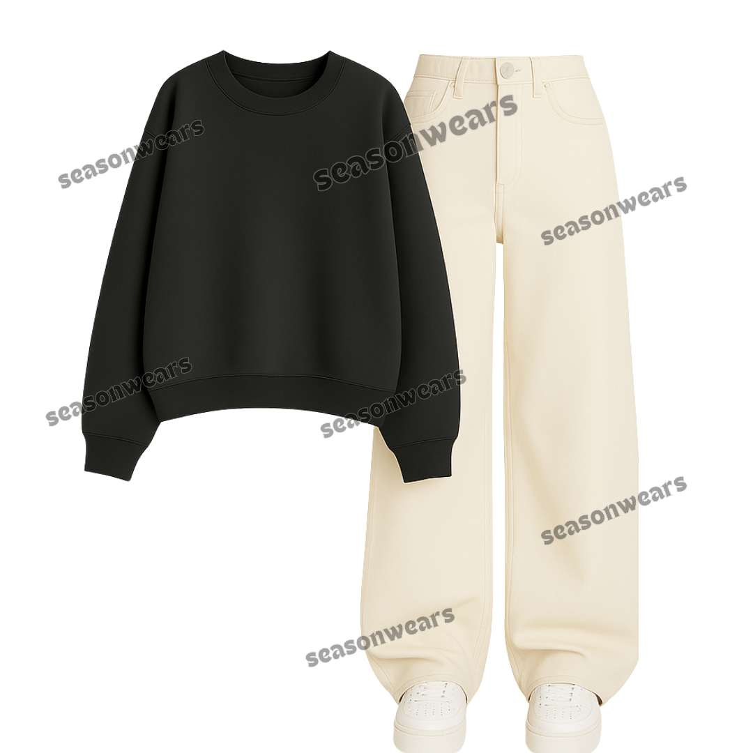 Beige Wide Leg Jeans With Sweatshirt