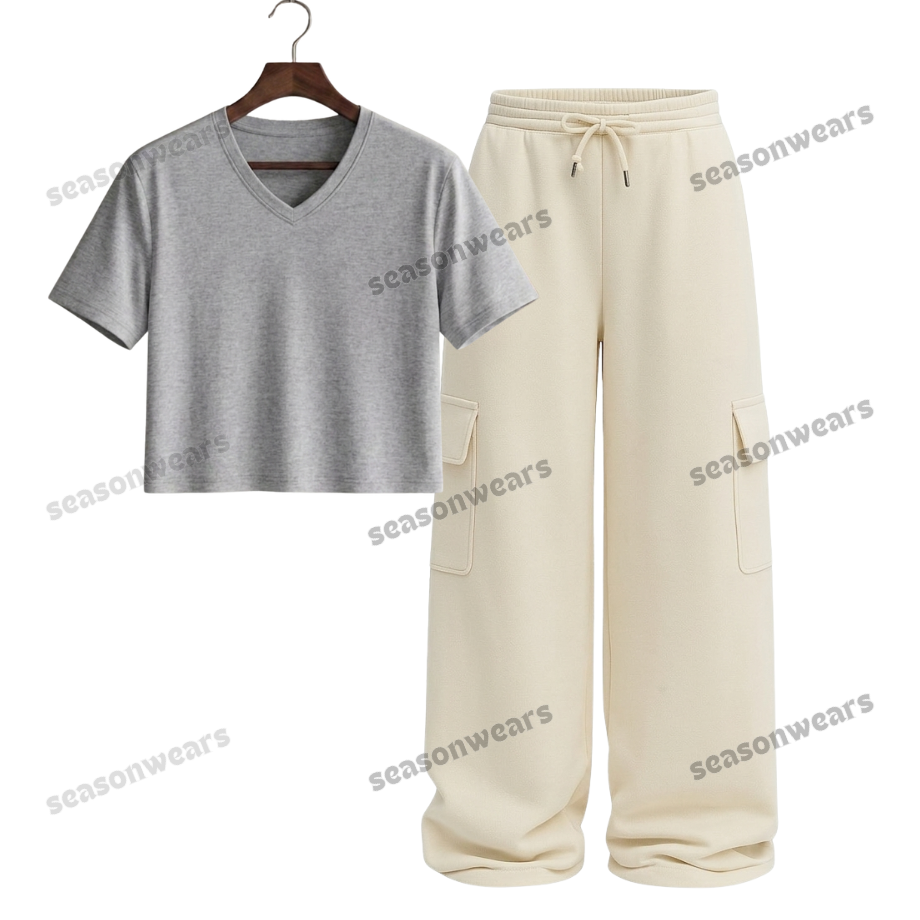 Crop V-Neck Tee With Cream Wide Leg Cargo