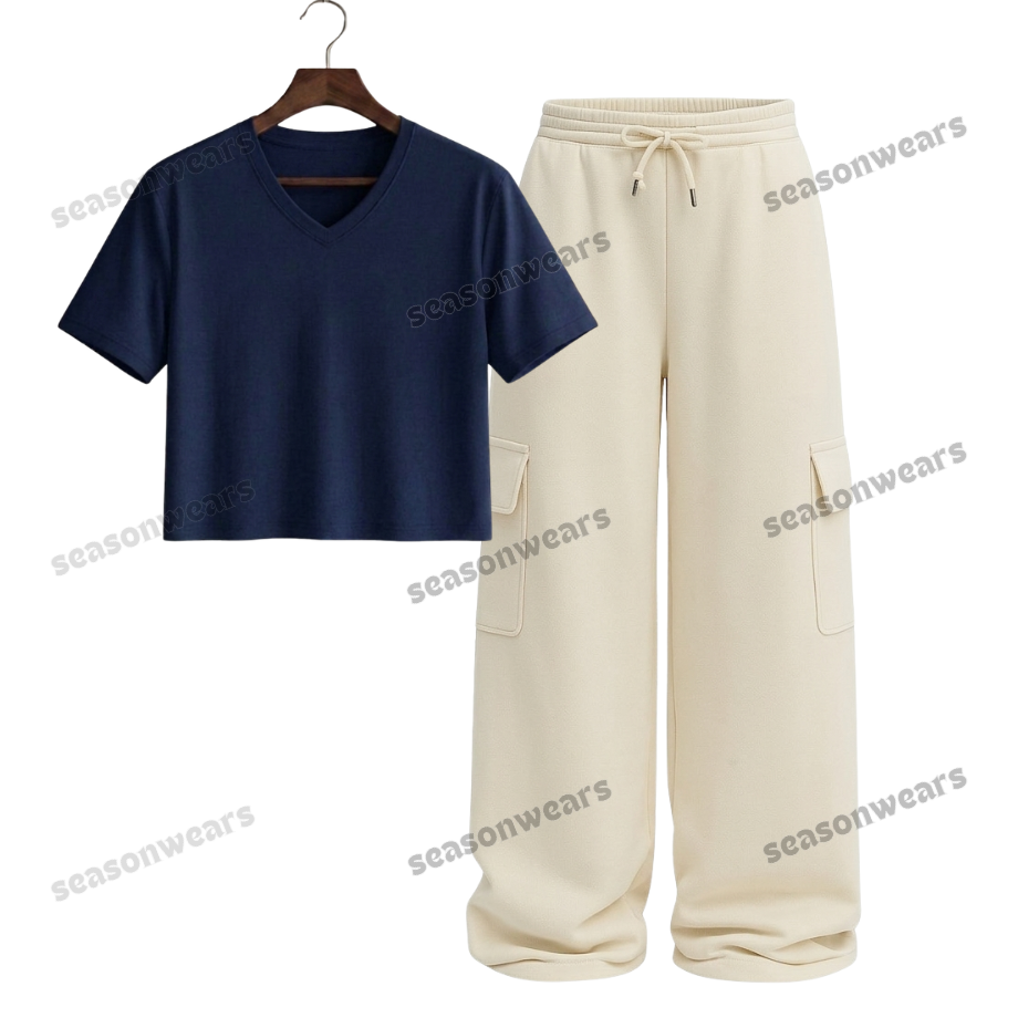 Crop V-Neck Tee With Cream Wide Leg Cargo