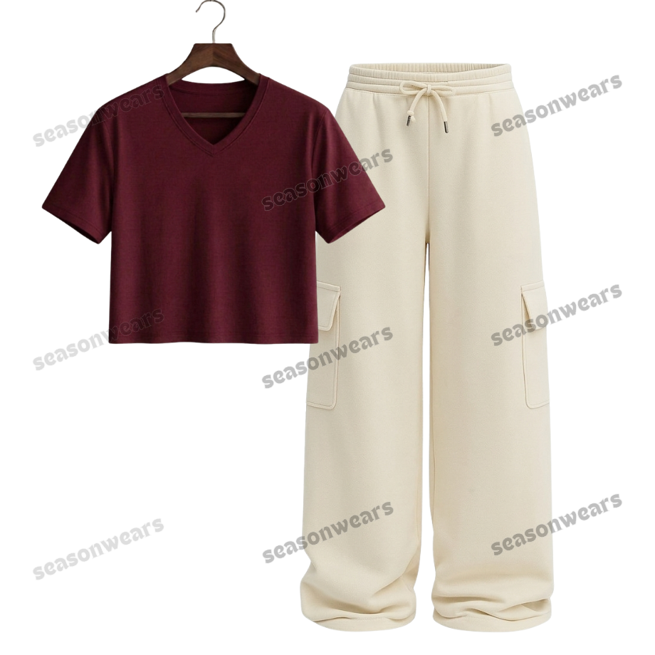 Crop V-Neck Tee With Cream Wide Leg Cargo