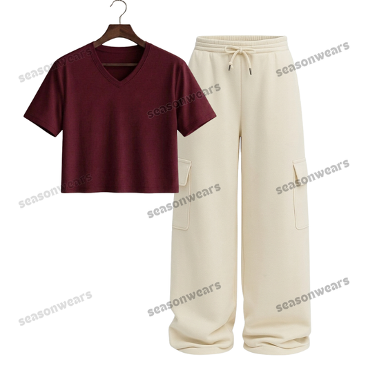Crop V-Neck Tee With Cream Wide Leg Cargo