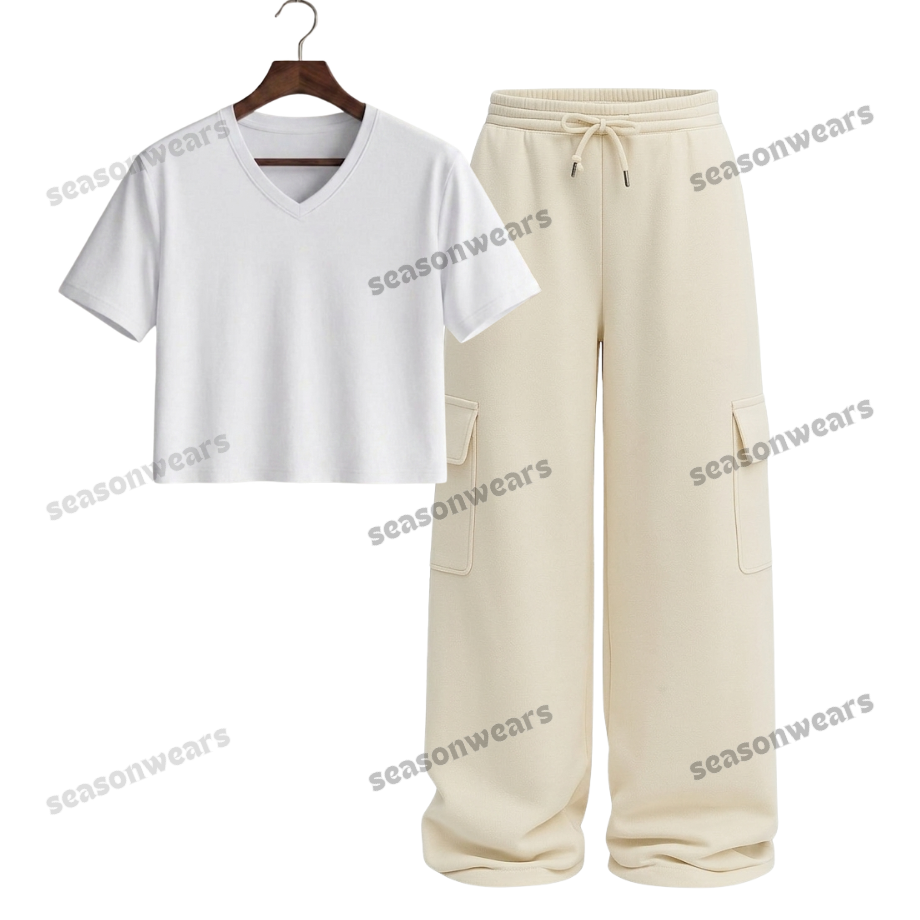 Crop V-Neck Tee With Cream Wide Leg Cargo
