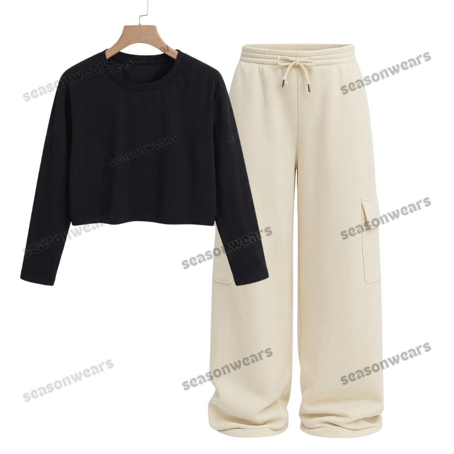 Crop Full Sleeves Tee With Cream Wide Leg Cargo