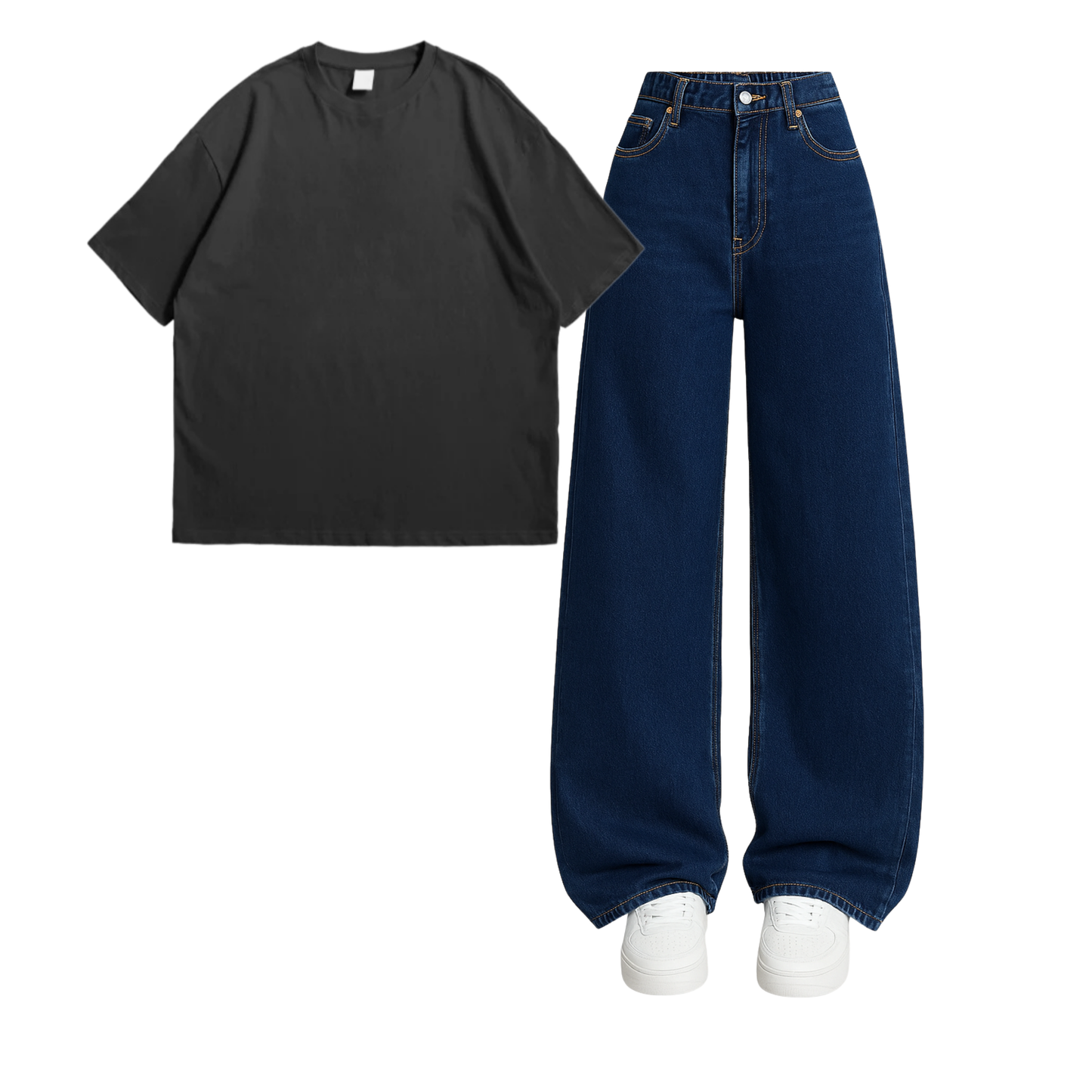 Oversized Drop Shoulder Tee With Darkblue Wide Leg Jeans