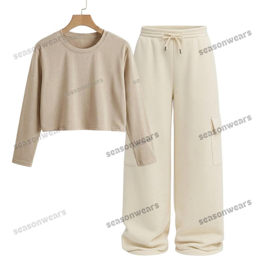 Crop Full Sleeves Tee With Cream Wide Leg Cargo