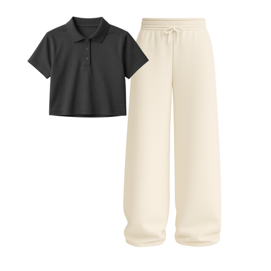Crop Polo With Beige Wide Leg Trouser