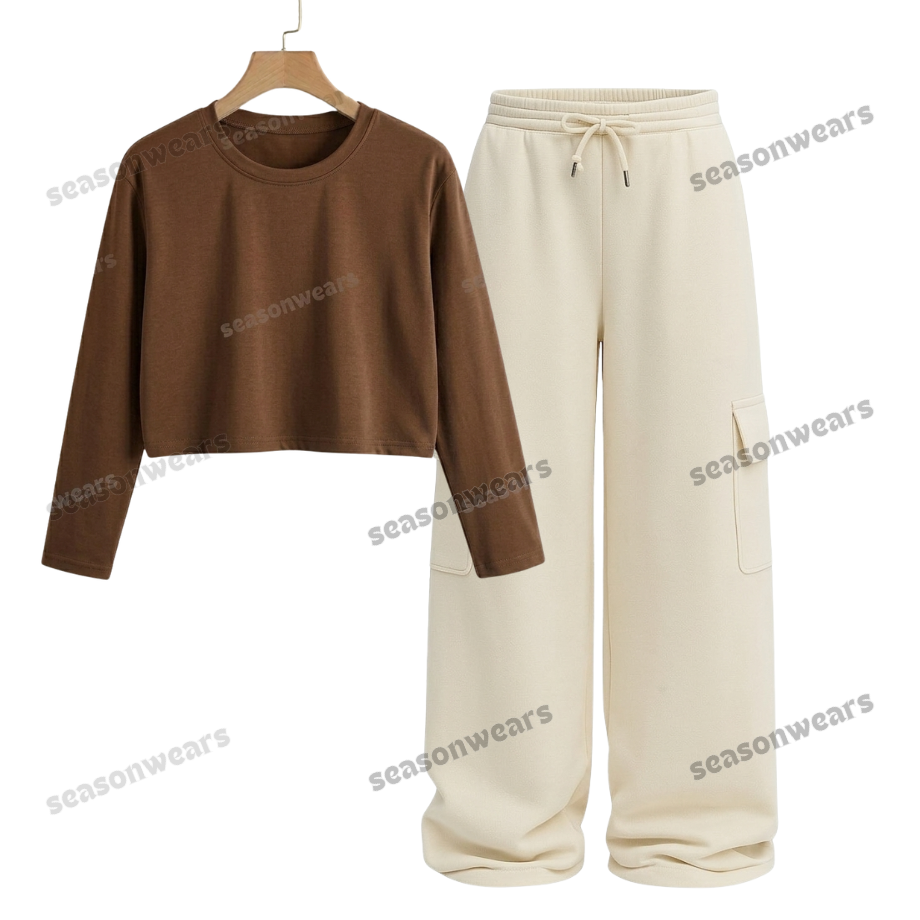 Crop Full Sleeves Tee With Cream Wide Leg Cargo