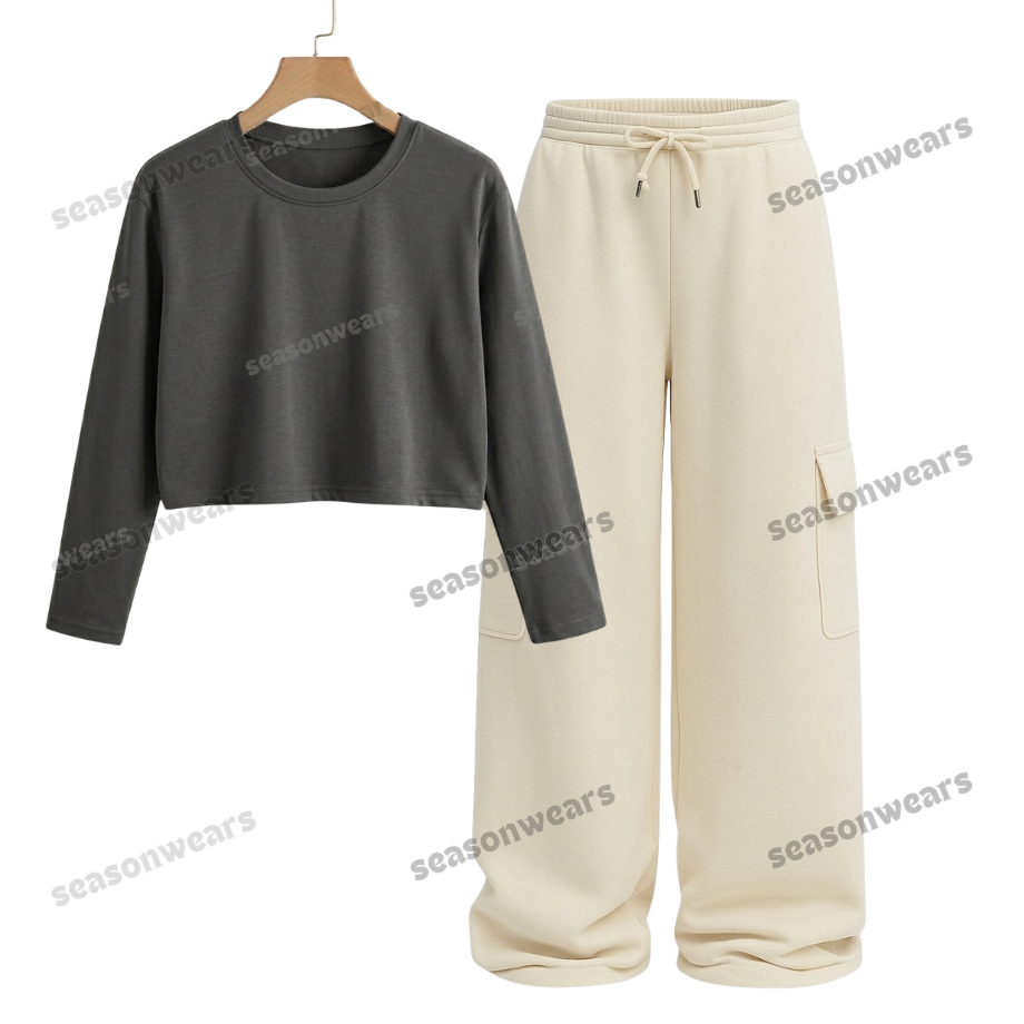 Crop Full Sleeves Tee With Cream Wide Leg Cargo