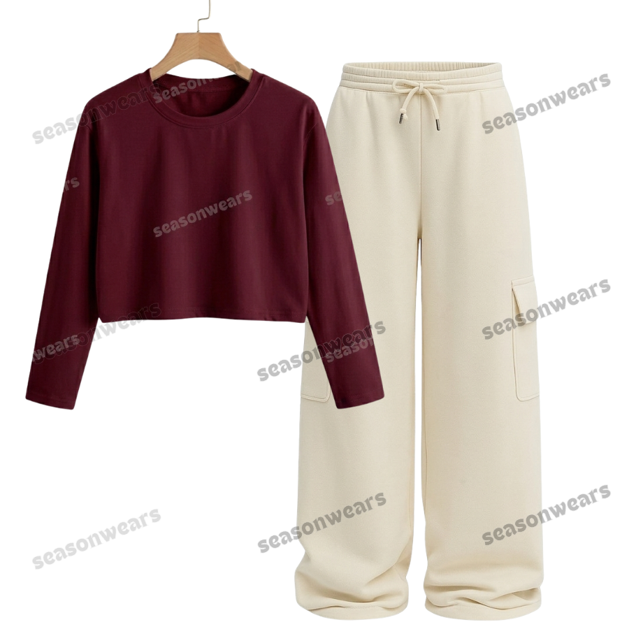 Crop Full Sleeves Tee With Cream Wide Leg Cargo