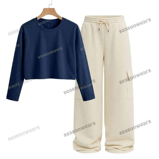 Crop Full Sleeves Tee With Cream Wide Leg Cargo