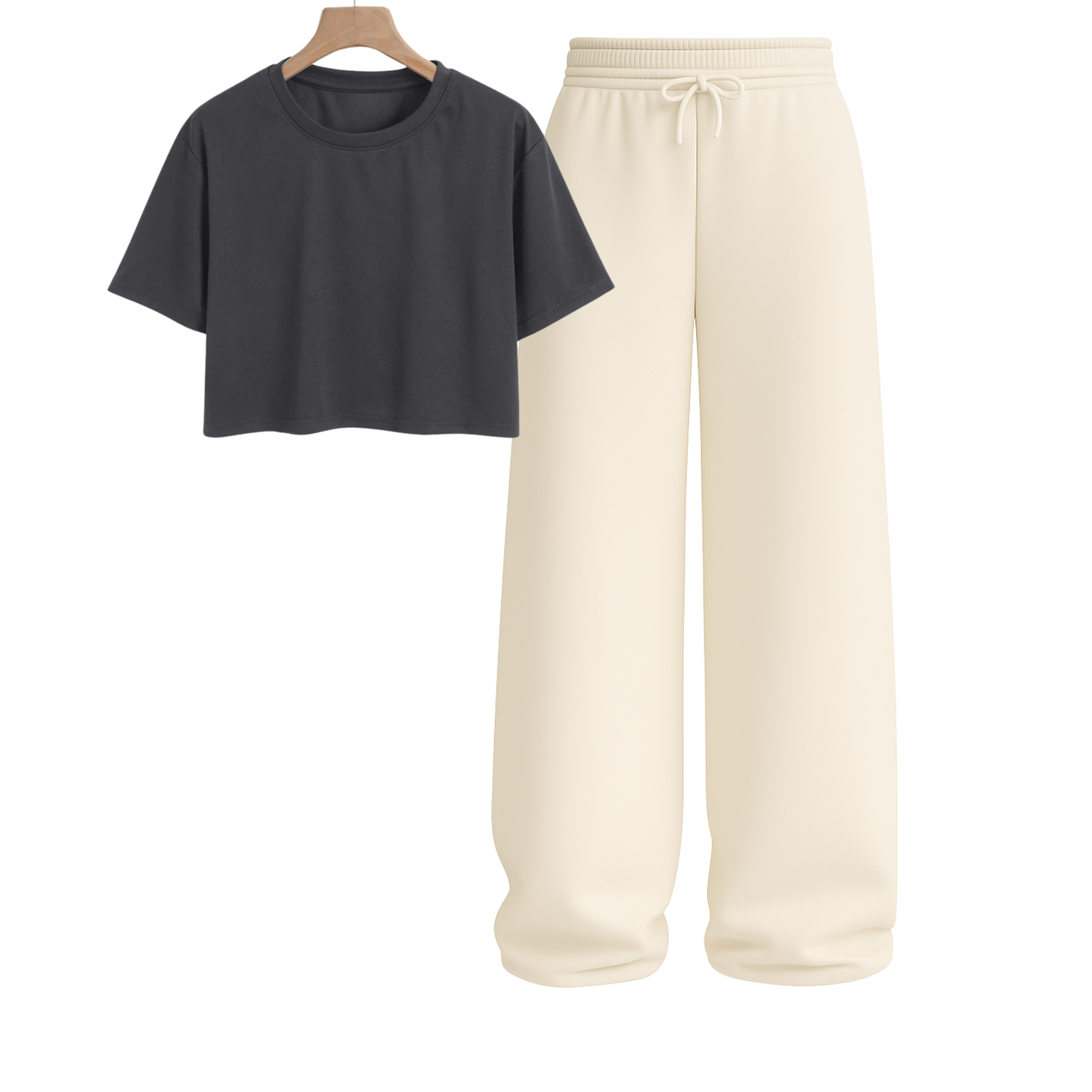 Crop Tee With Beige Wide Leg Trouser