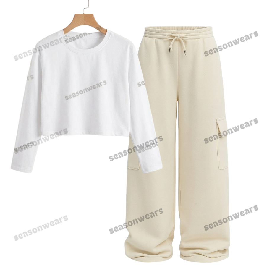 Crop Full Sleeves Tee With Cream Wide Leg Cargo