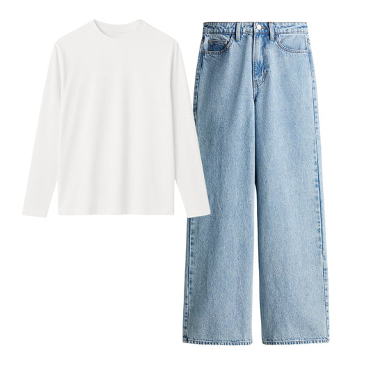 White Full Sleeves T-Shirt With Ice Blue Jeans