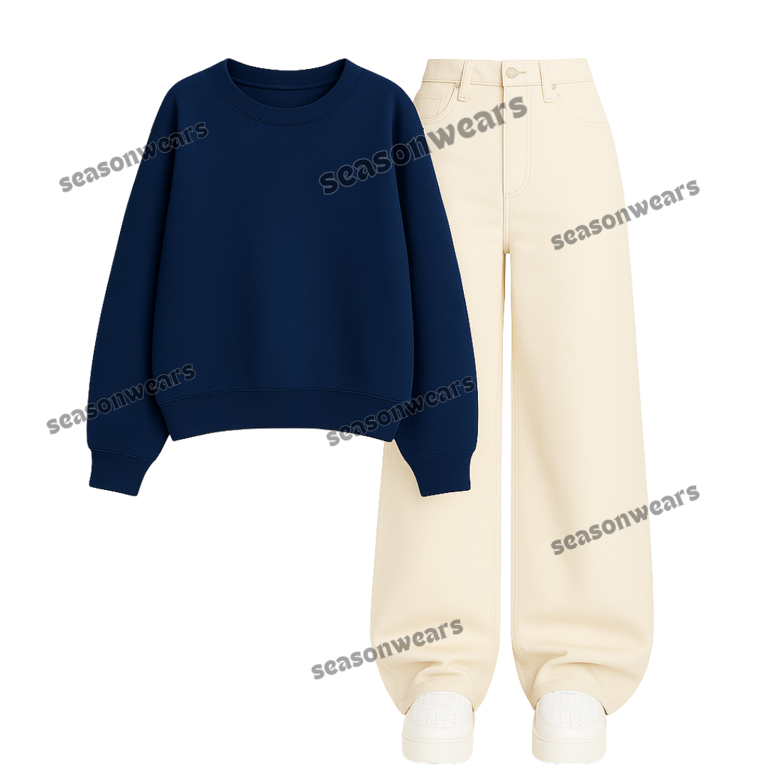 Beige Wide Leg Jeans With Sweatshirt