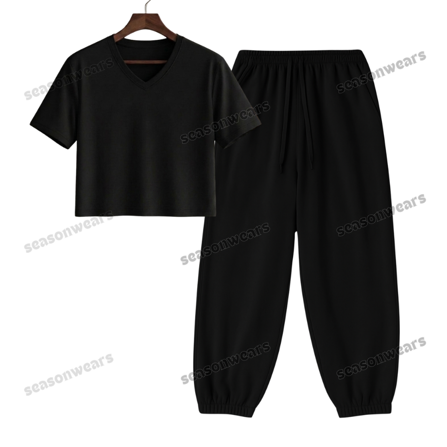 Crop V-Neck Tee With Black Sweatpant