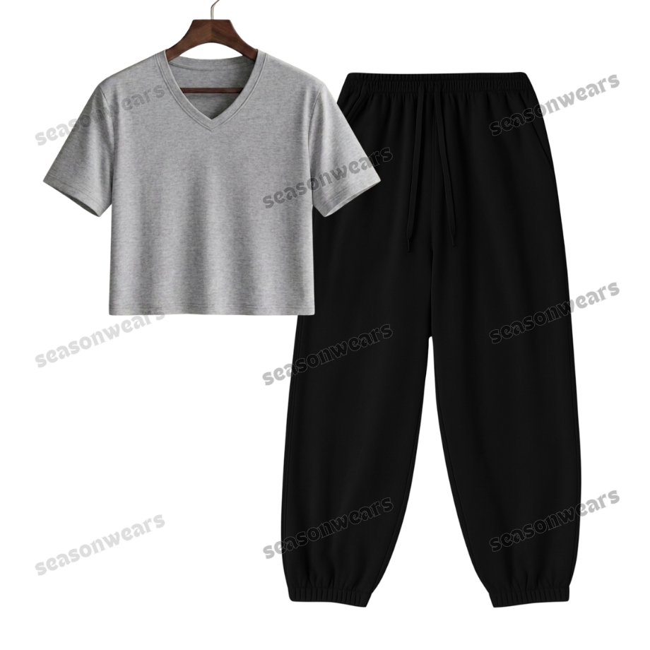 Crop V-Neck Tee With Black Sweatpant