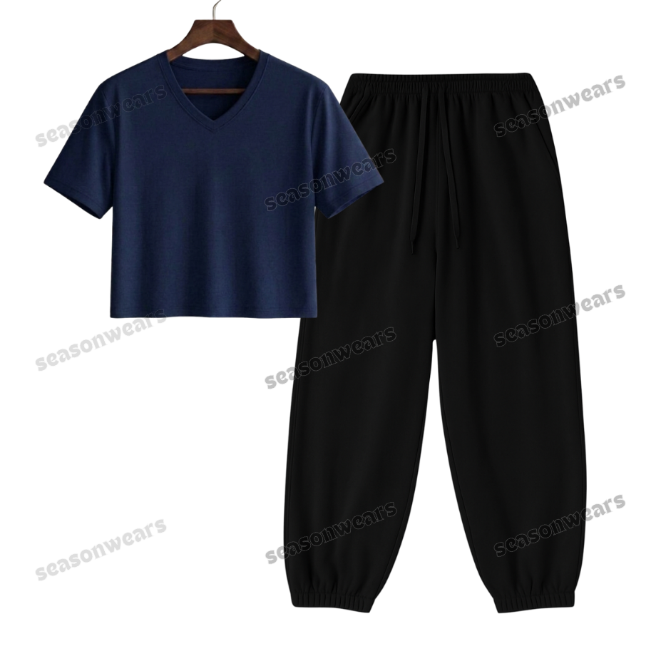 Crop V-Neck Tee With Black Sweatpant