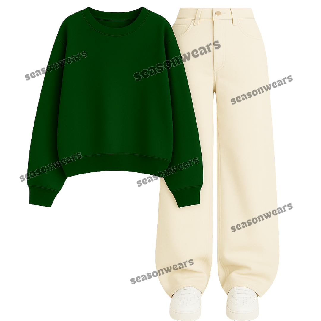 Beige Wide Leg Jeans With Sweatshirt