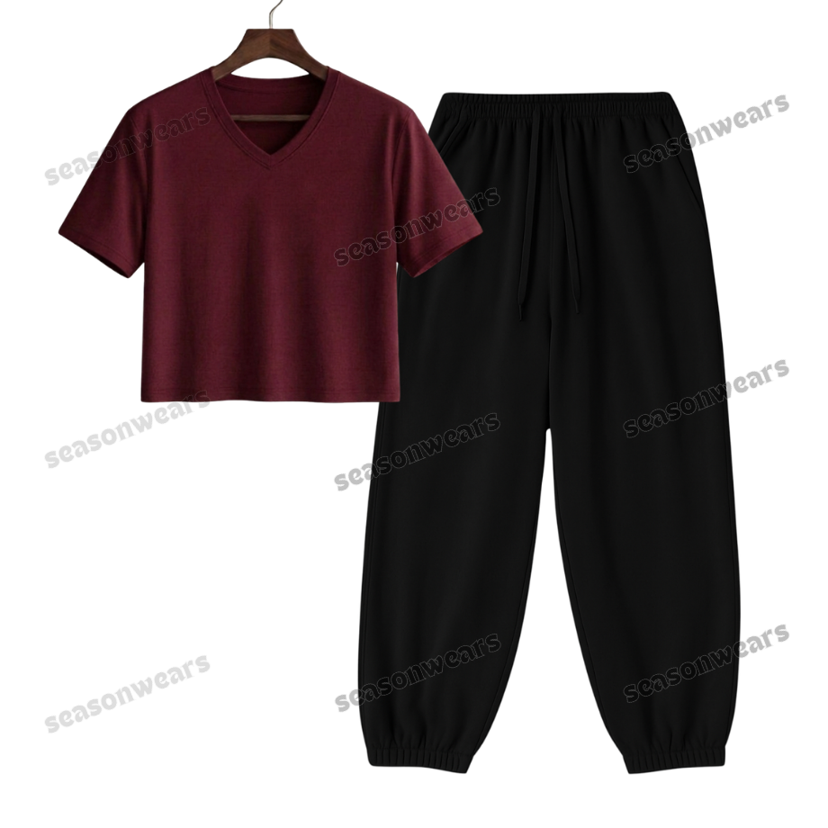 Crop V-Neck Tee With Black Sweatpant