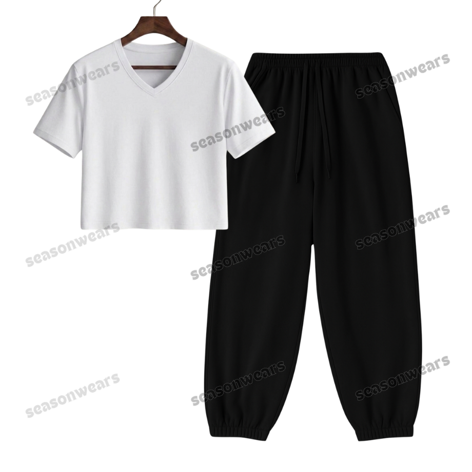 Crop V-Neck Tee With Black Sweatpant