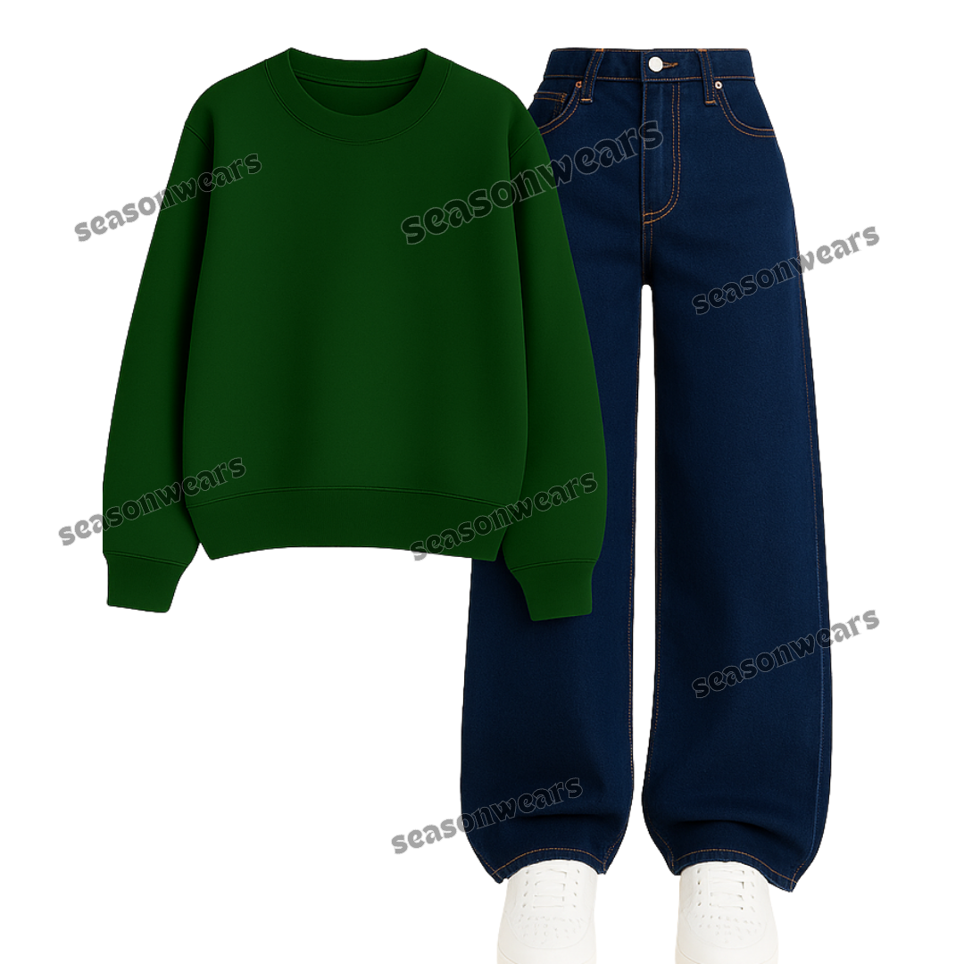 Dark Blue Wide Leg Jeans With Sweatshirt