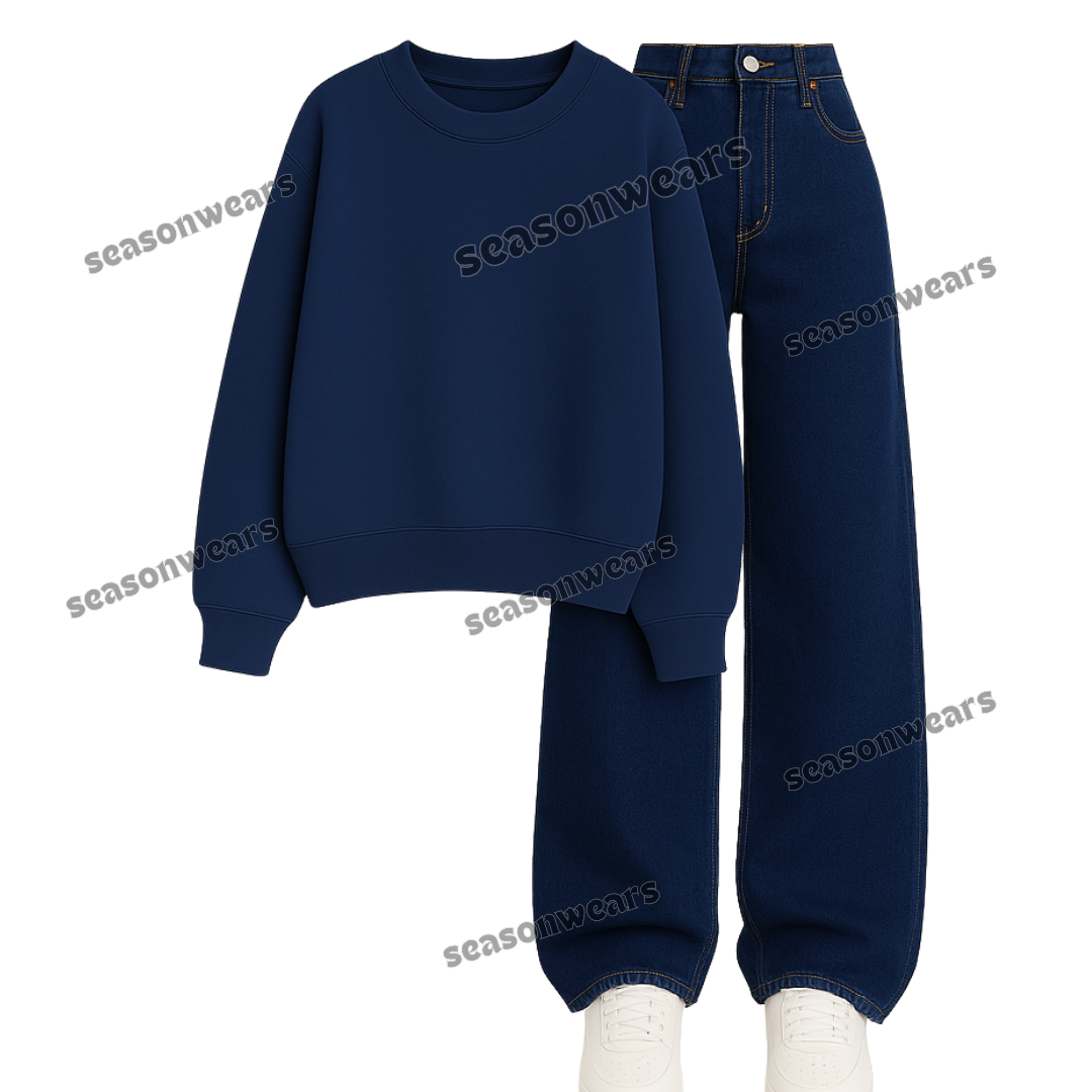 Dark Blue Wide Leg Jeans With Sweatshirt