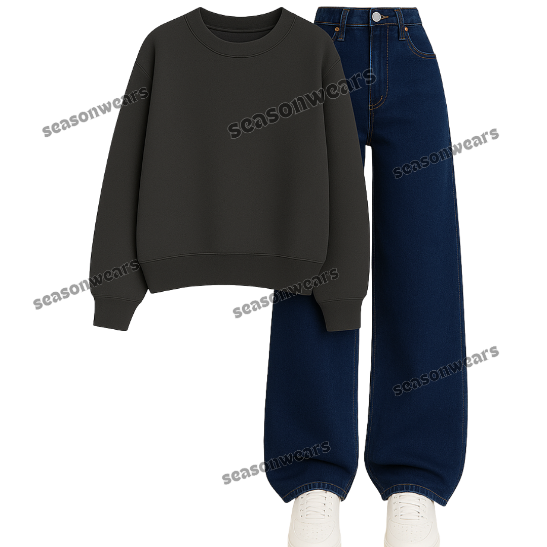 Dark Blue Wide Leg Jeans With Sweatshirt