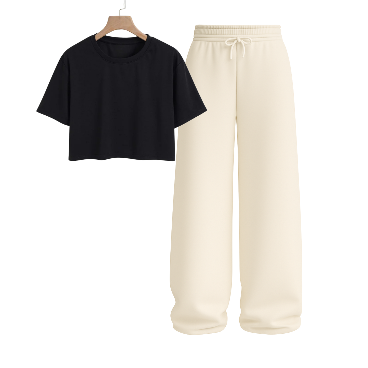 Crop Tee With Beige Wide Leg Trouser