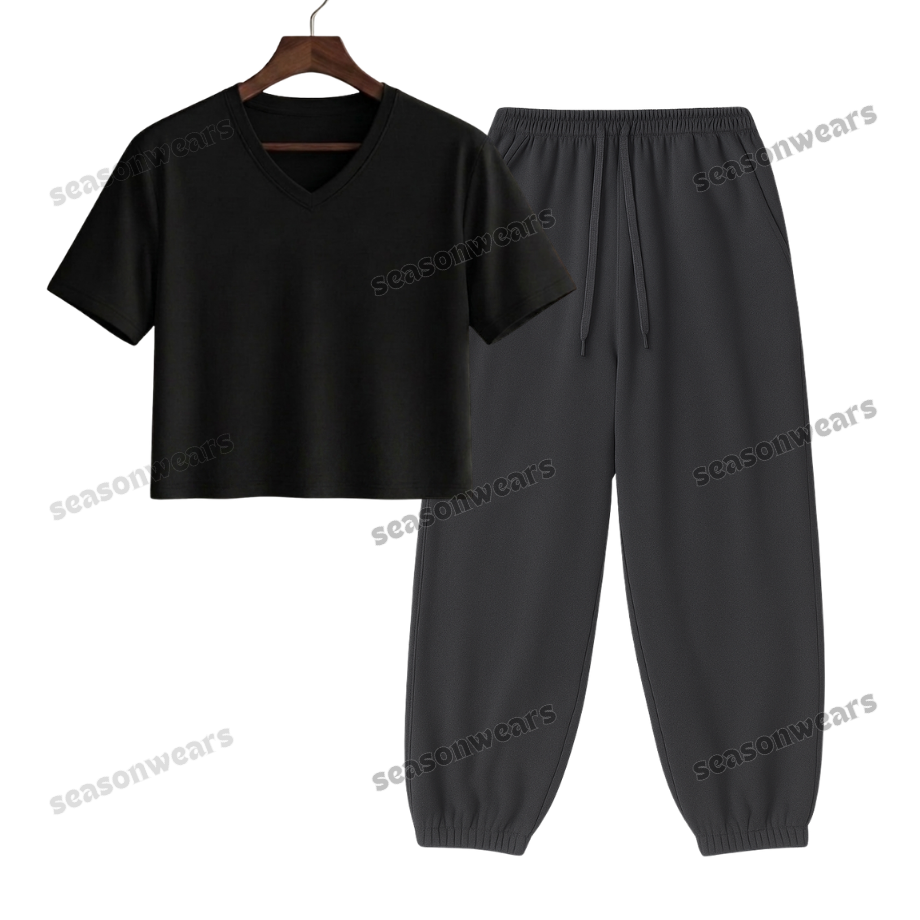 Crop V-Neck Tee With Charcoalgrey Sweatpant