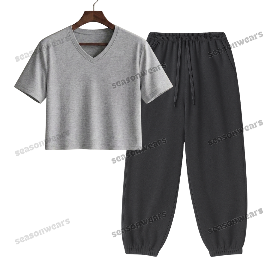 Crop V-Neck Tee With Charcoalgrey Sweatpant