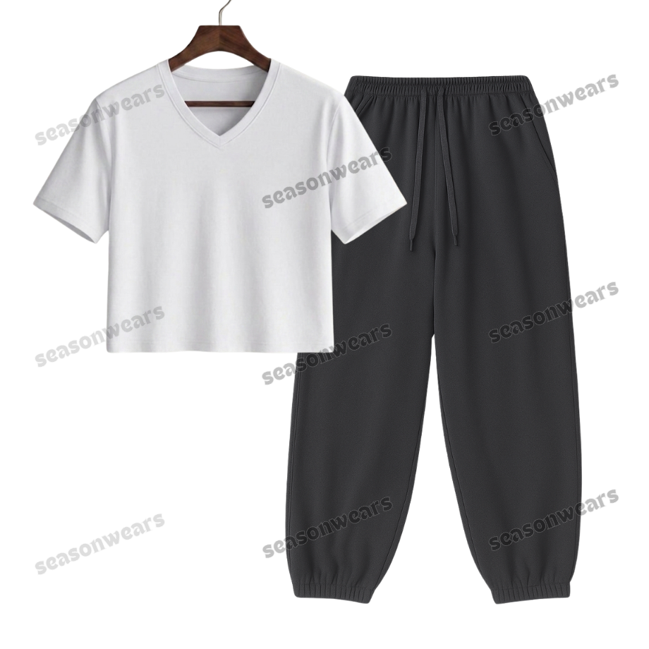Crop V-Neck Tee With Charcoalgrey Sweatpant