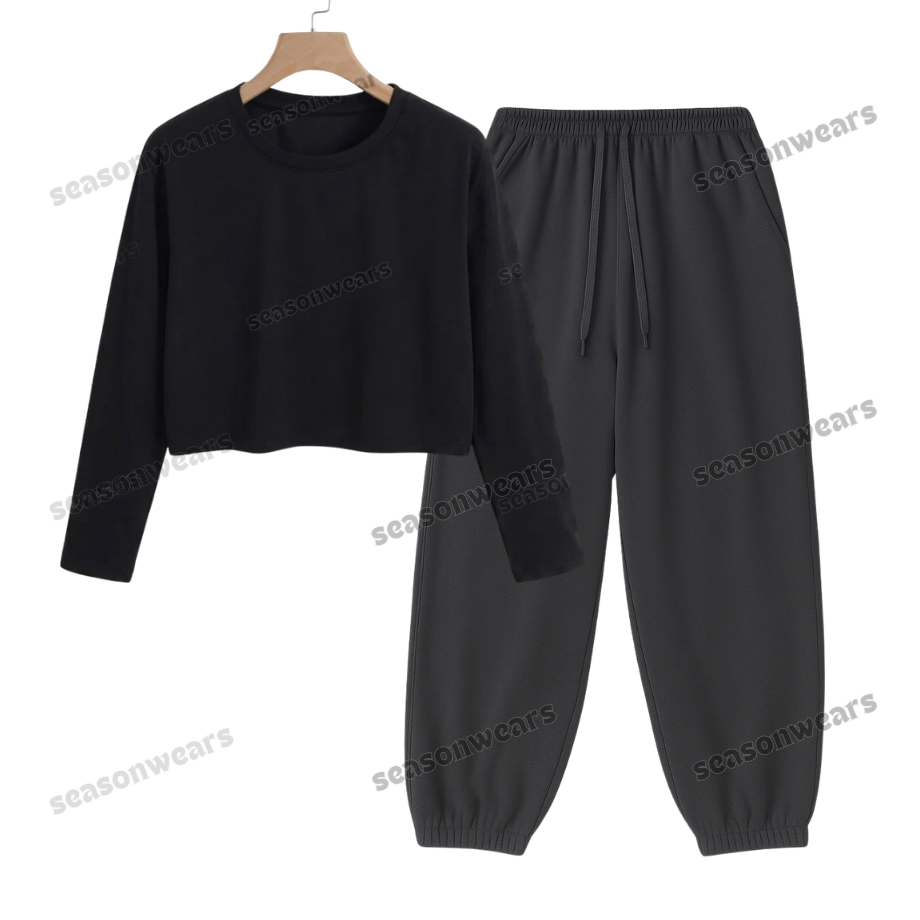 Crop Full Sleeves Tee With Charcoalgrey Sweatpant