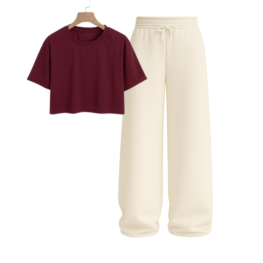 Crop Tee With Beige Wide Leg Trouser