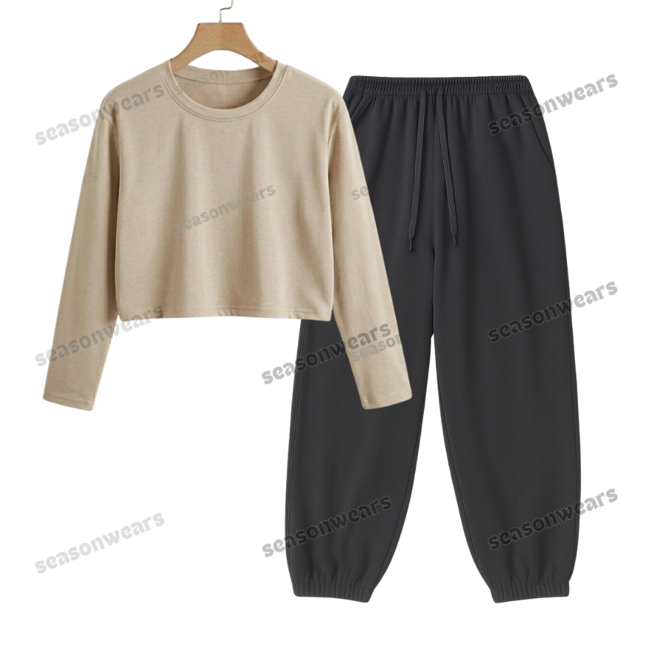 Crop Full Sleeves Tee With Charcoalgrey Sweatpant