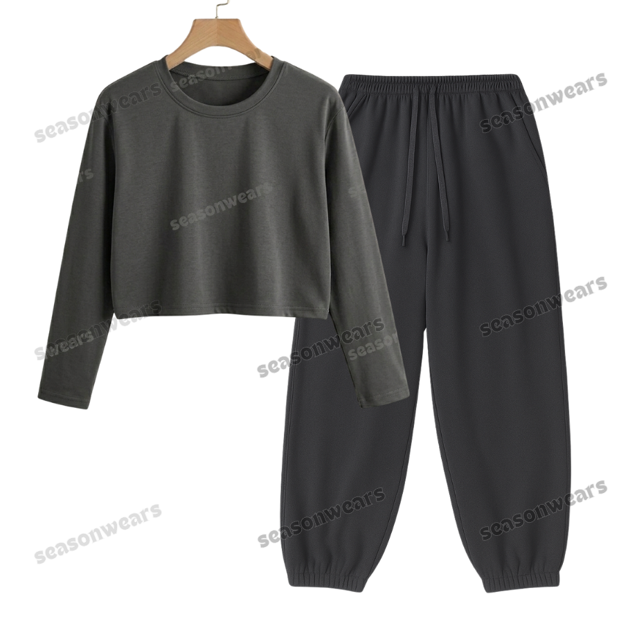 Crop Full Sleeves Tee With Charcoalgrey Sweatpant