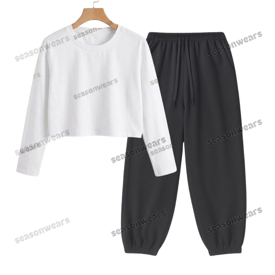 Crop Full Sleeves Tee With Charcoalgrey Sweatpant