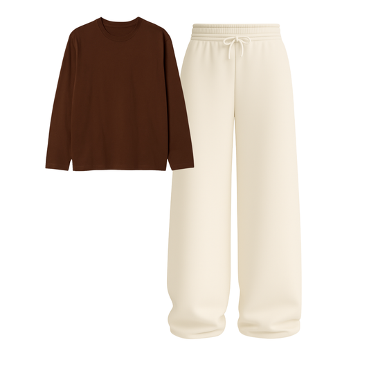 Full Sleeves Tee With Beige Wide Leg Trouser