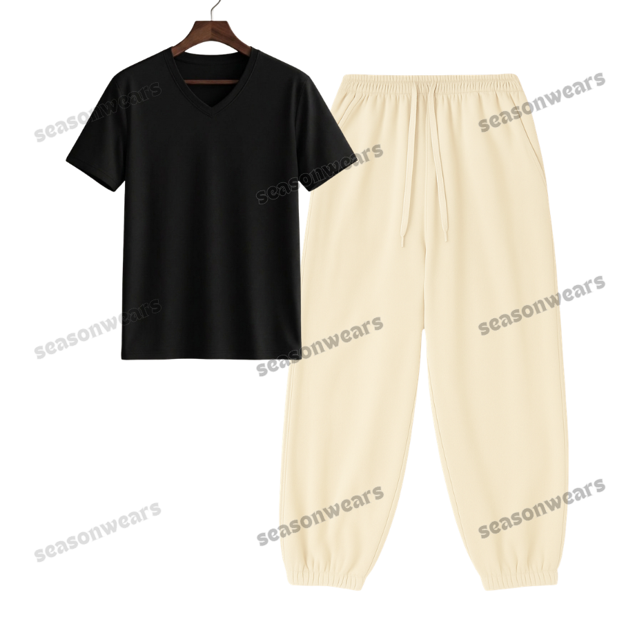 V-Neck Tee With Cream Sweatpant