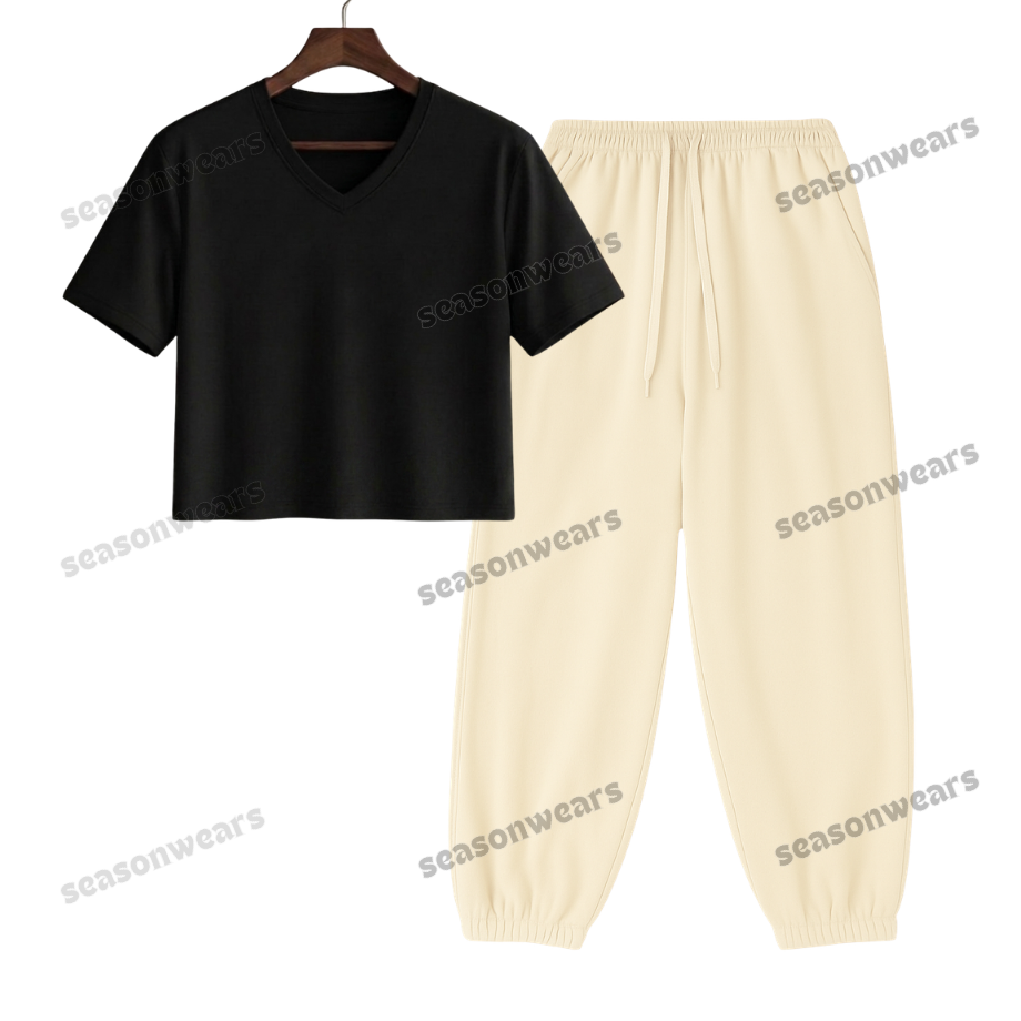 Crop V-Neck Tee With Cream Sweatpant