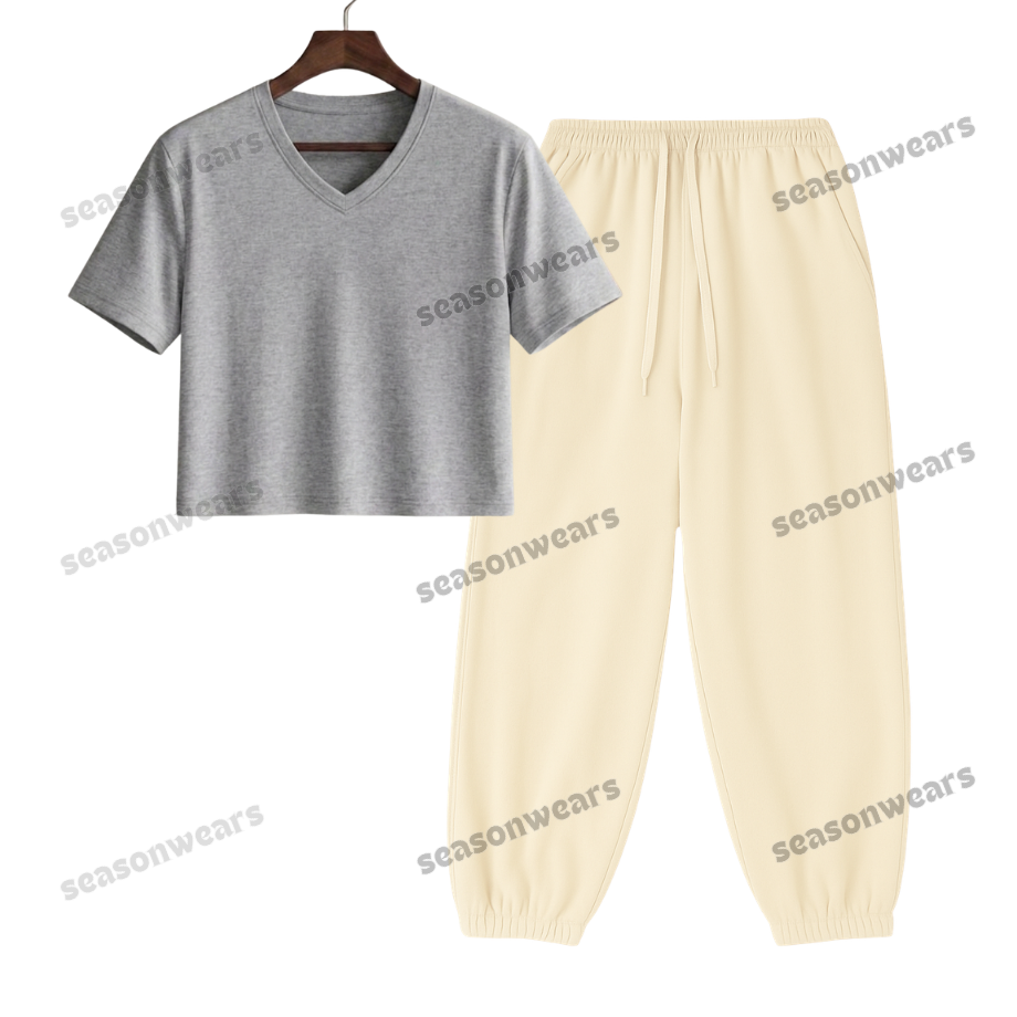 Crop V-Neck Tee With Cream Sweatpant
